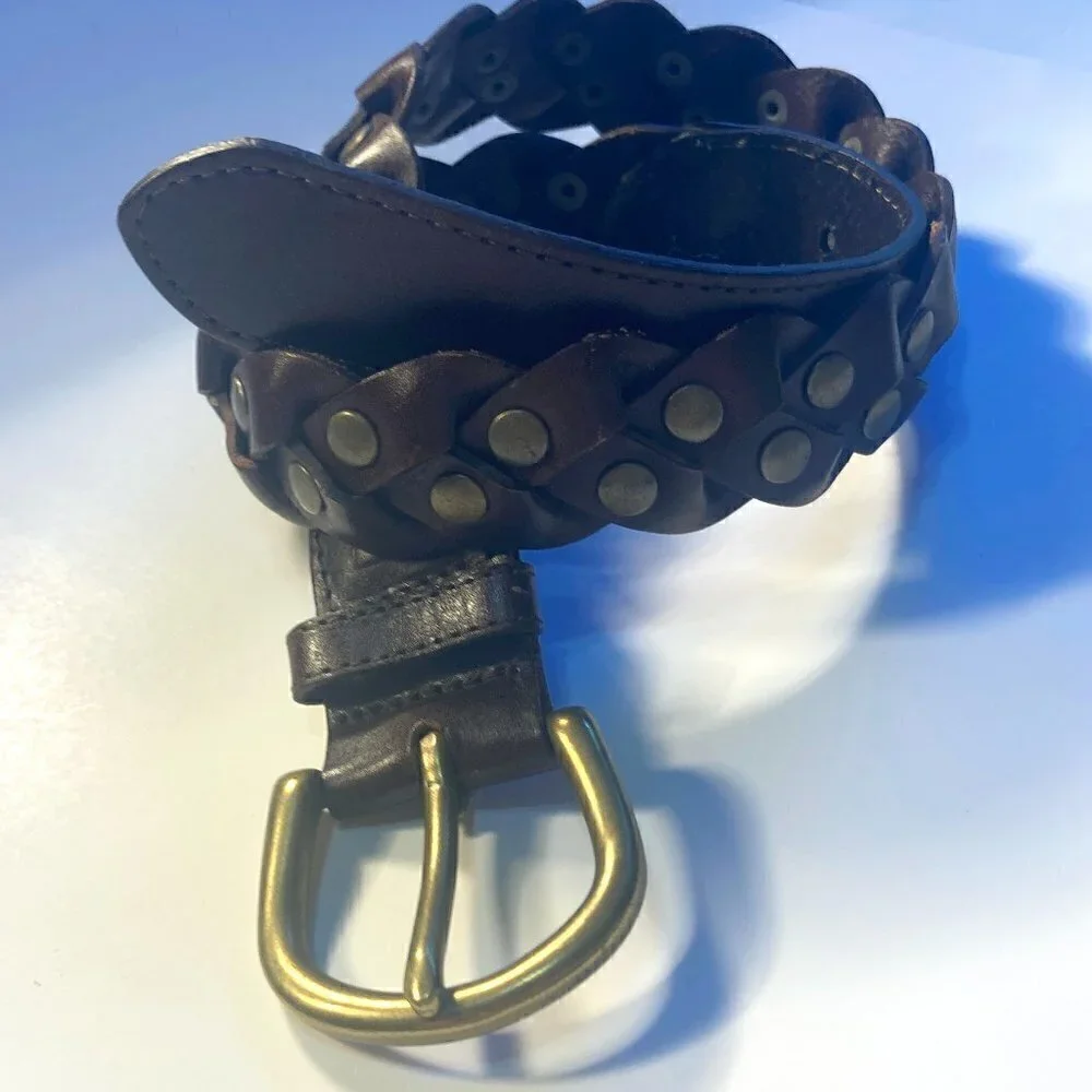 Brown Belt SZ S Braided leather with brass buckle & stud details